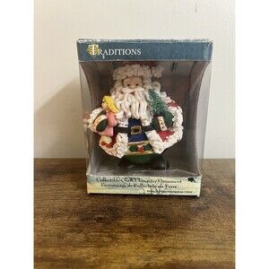 TRADITIONS Santa Holding Doll and Tree Collectible Character Glass Ornament EUC